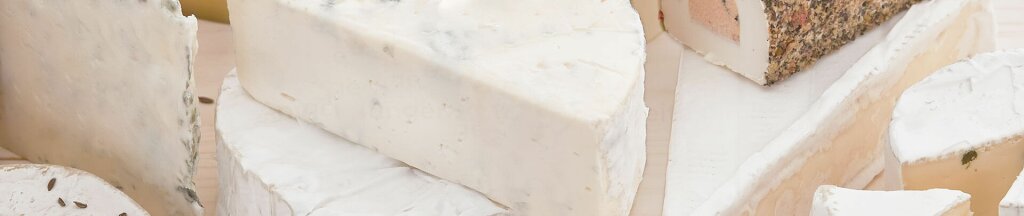 Several varieties of soft cheese in various shapes and textures.