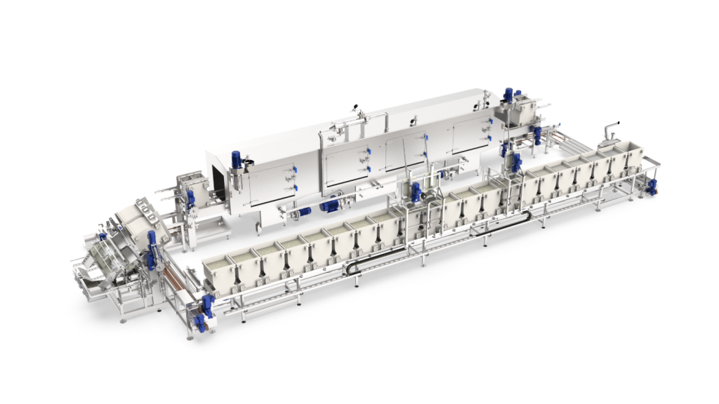 Bassine system for batch-process curd preparation, featuring multiple semi-cylindrical vats and an automated process line.