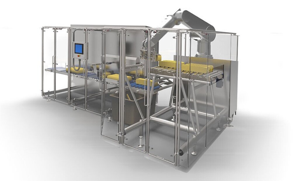 BTS industrial block cutter featuring a stainless steel frame, protective enclosure, robotic arm, and conveyor belt for the automatic cutting of cheese blocks into bars.