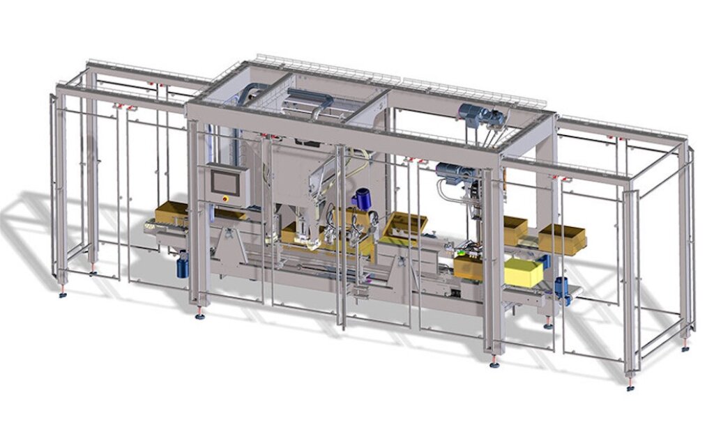 Industrial DBM deboxing system for the automatic removal of cartons from film-matured Cheddar blocks, equipped with a conveyor belt and safety frame.