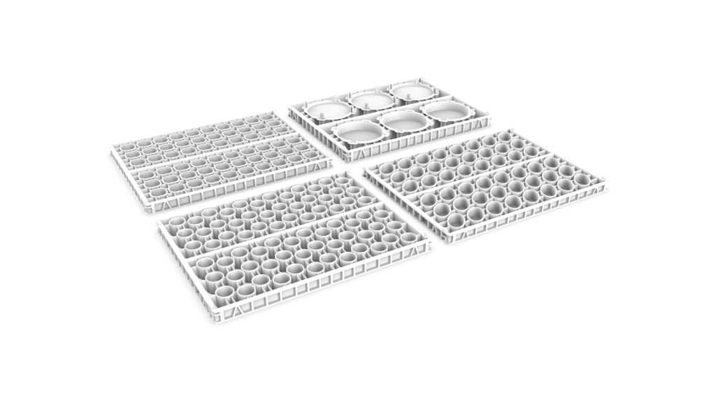 ALPMA mold material: plastic plate with multiple round cheese molds for automated soft cheese production.