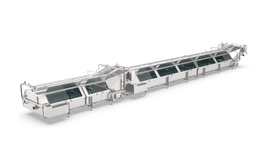 Industrial multi-chamber cooling and brine bath system for the post-treatment of pasta filata cheese.