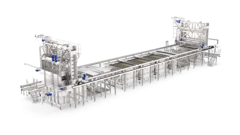 Industrial cooling bath system with multiple stainless steel tanks and conveyor belts for the optimal cooling of cheese or tofu products.