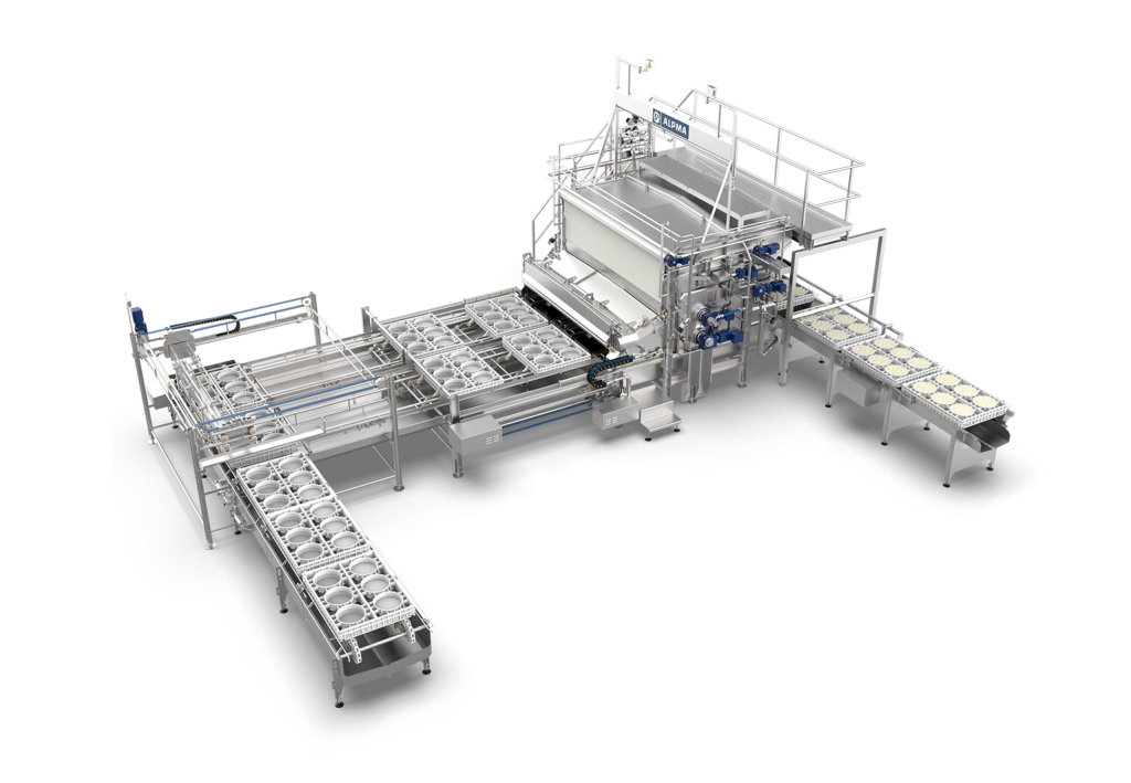 ALPMA MR portioning system with high-performance drum for the automatic dispensing of cheese curd into molds.