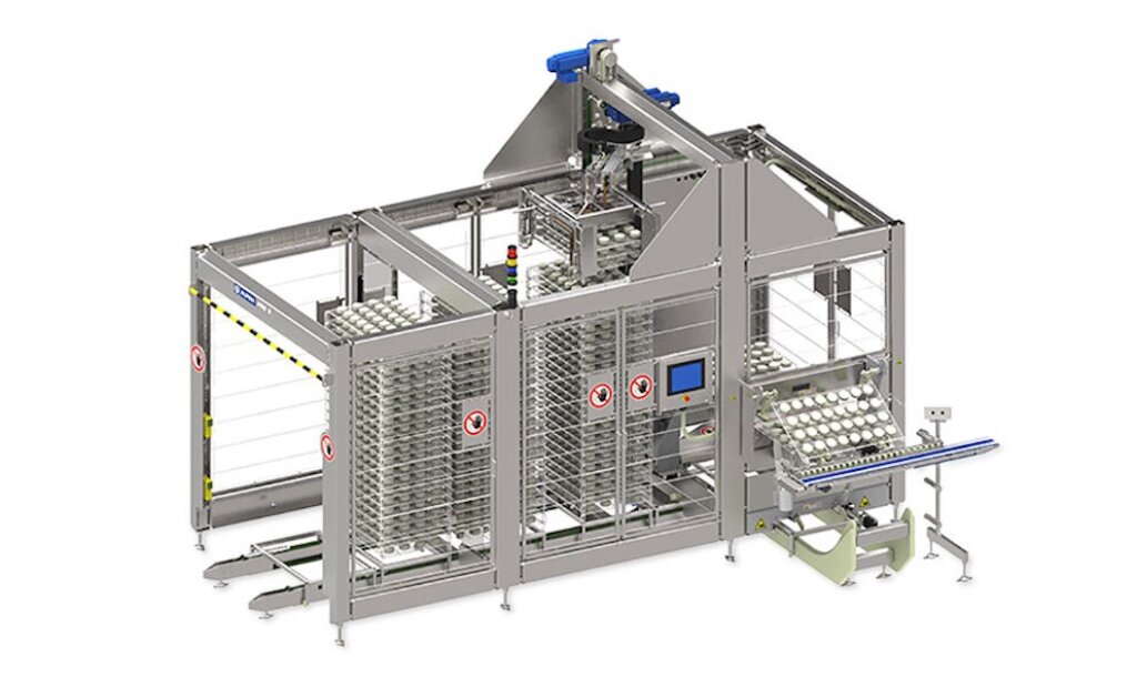 Presentation Robot PRO 2 – Automated machine for stacking and presenting trays, featuring stainless steel construction, a conveyor belt, and an integrated control system.