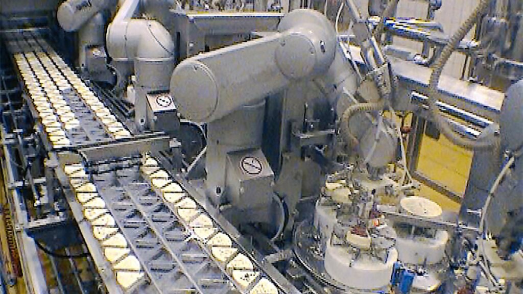 Robot systems – flexible automation solution for the oriented placement of cheese portions, featuring multi-axis robot arms, a conveyor belt, and precision positioning technology.