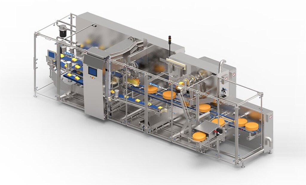 Segment Cutter SC 90 – Industrial cutting machine for cutting cheese wheels into fixed-weight segments, featuring a stainless steel housing, conveyor belt, and automated control system.
