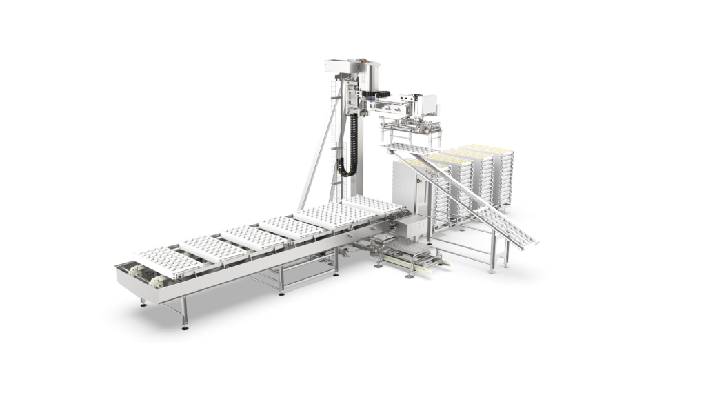 ALPMA stacking and destacking system for the automated handling of cheese molds in soft cheese production.