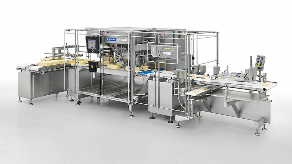Industrial portion cutter CUT 25/HS featuring a dual-lane high-speed cutting line, stainless steel construction, and control panel, designed for portioning up to 240 fixed-weight cheese portions per minute.