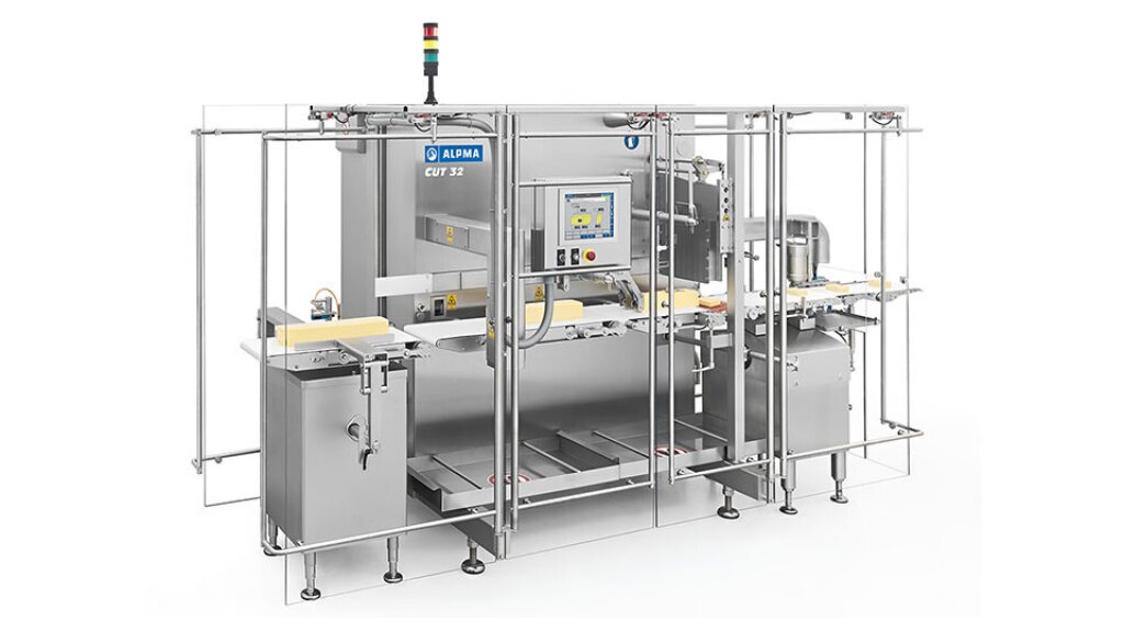 Industrial CUT 32 portion cutter made of stainless steel, featuring a protective enclosure, cutting mechanism, and control panel, designed for cutting cheese blocks into fixed-weight portions.